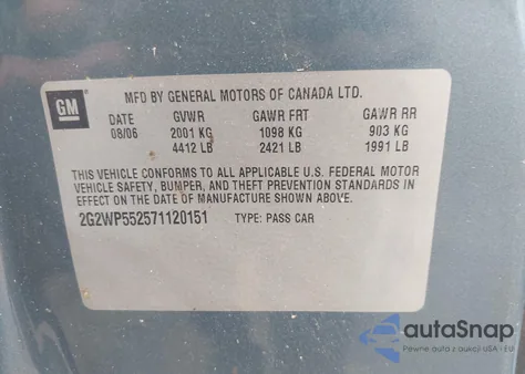 2007 Pontiac Grand Prix z USA, uszkodzony, nr VIN 2G2WP552571120151